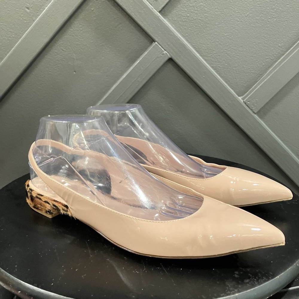 J.Crew Nude Patent‎ Slingback Flats Leopard Calf Hair Heel Pointed Toe Size 11